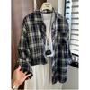 Man Jiang Yue Navy Blue Plaid Women's Long Sleeve Shirt - Hong Kong Style Chic & Lightweight