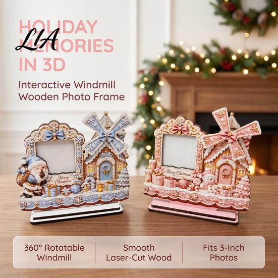 Holiday Party Ornament 2D Gingerbread House Wooden Photo Frame, Spinning Windmill Christmas Picture Decorative Frame Desktop Holder for Home Fireplace