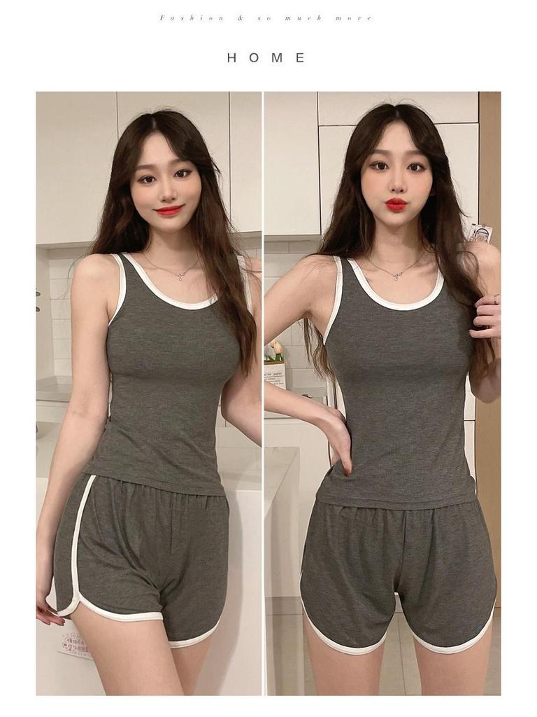 Летний женский пижамный комплект в корейском стиле: Жилет и шорты из модала с нагрудными накладками, подходят для ношения в помещении и на открытом воздухе