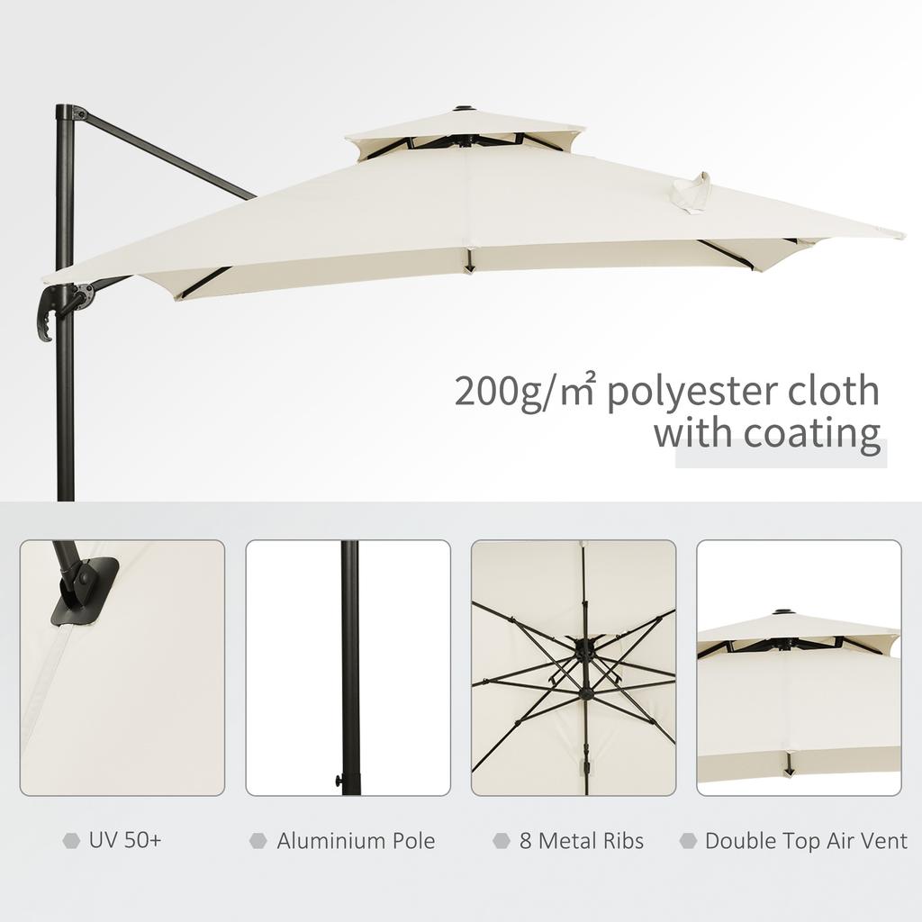 2.7 x 2.7 m Cantilever Parasol with Aluminium Frame, Crank and Tilt, 360-Degree Rotation, Double Top Garden Umbrella with Base and Cover, Beige