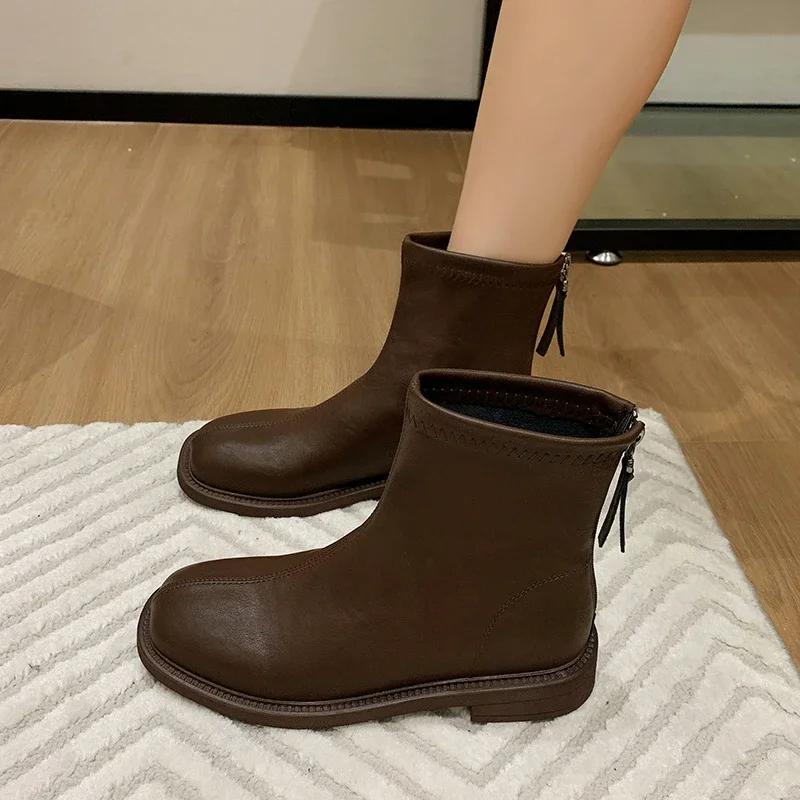 2024 Новые популярные однотонные женские ботинки с темпераментом и универсальными рабочими круглыми носками, застежкой-молнией сзади, модные ботинки