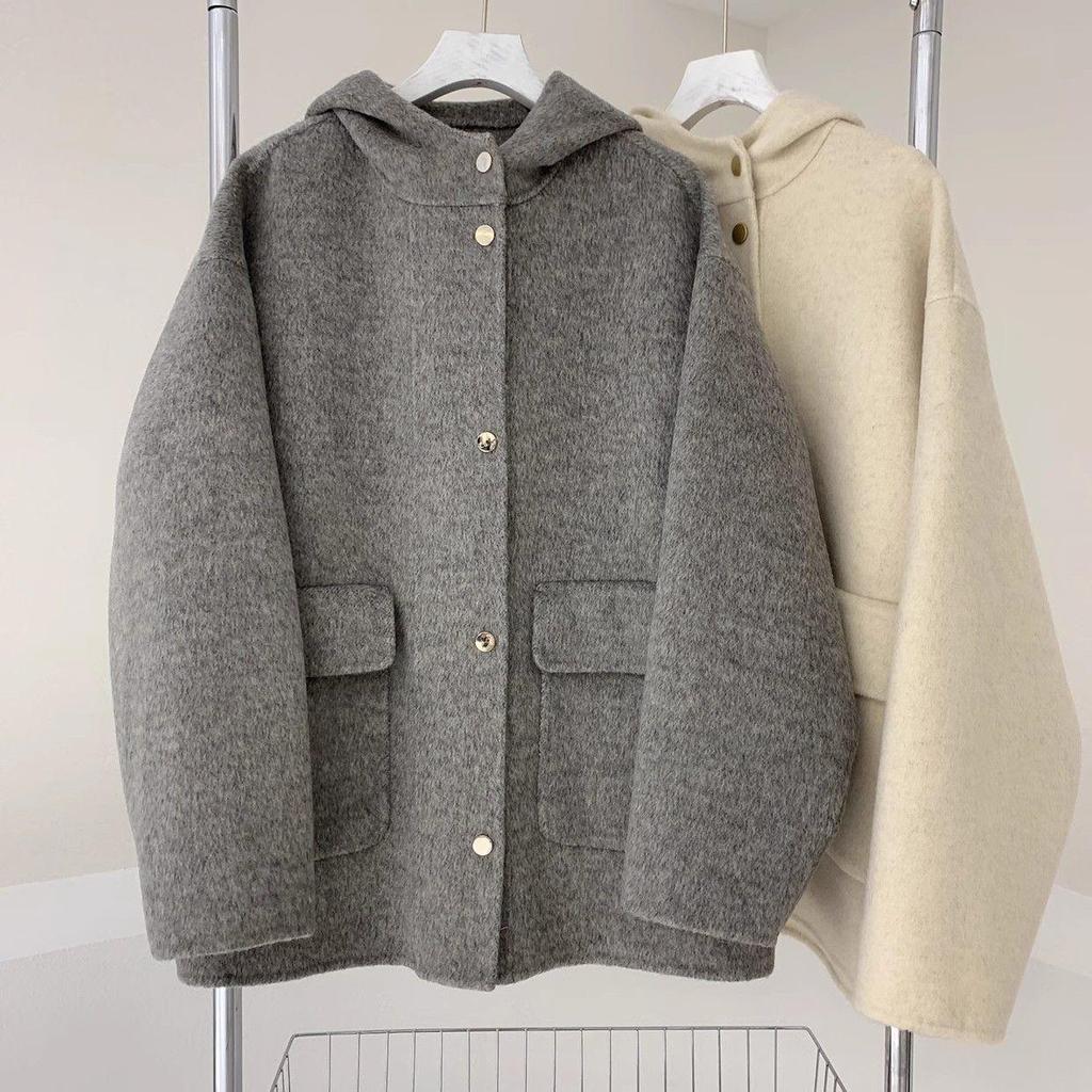 Женская модная зимняя накидка-жакет большого размера с капюшоном, свободное шерстяное пальто с плюшевой подкладкой.