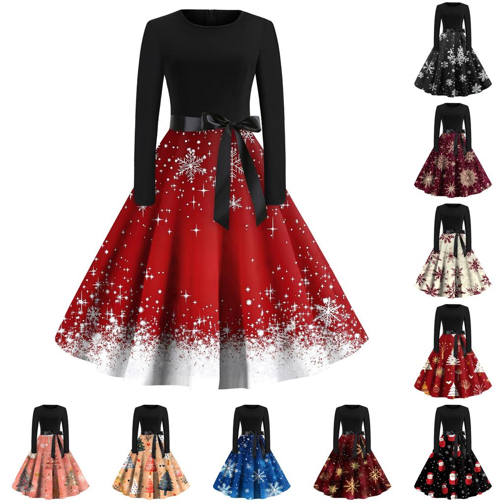 Women's Fashion Vintage Long Sleeve Round Neck Christmas Printed Party Gown Dress