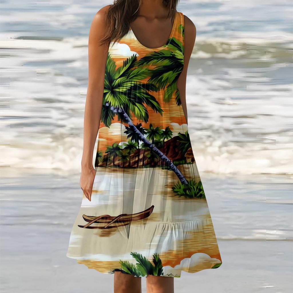 Гавайское платье для женщин, летние весенние плиссированные богемные платья, милые струящиеся пляжные платья без рукавов, прямая футболка, платья-майки, платья с круглым вырезом