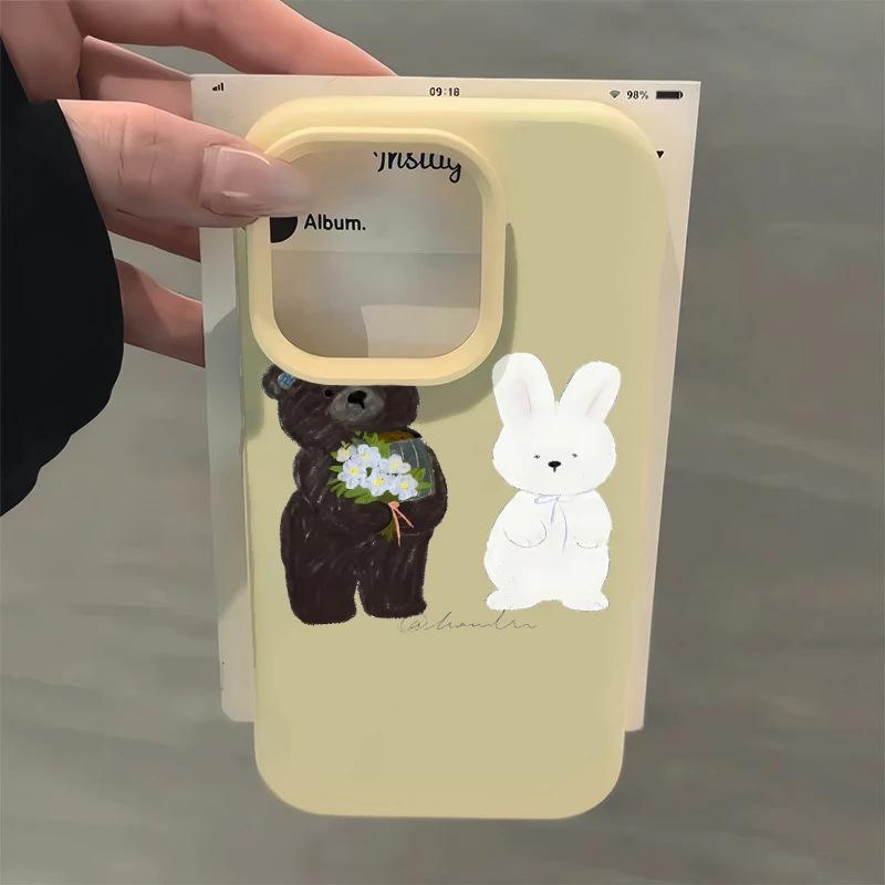 Цветы медведь и кролик для чехла мобильного телефона iPhone17 15/16pro клейкий рис 13 жидкий 12 милый 14 пара
