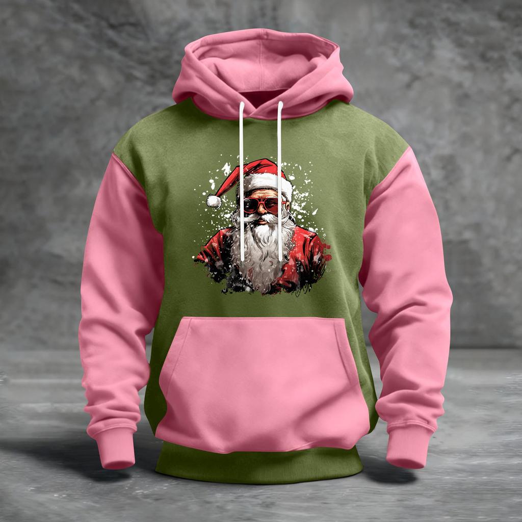 Мужской рождественский свитшот с капюшоном, повседневный, спортивный, удобный, с цветными блоками и принтом