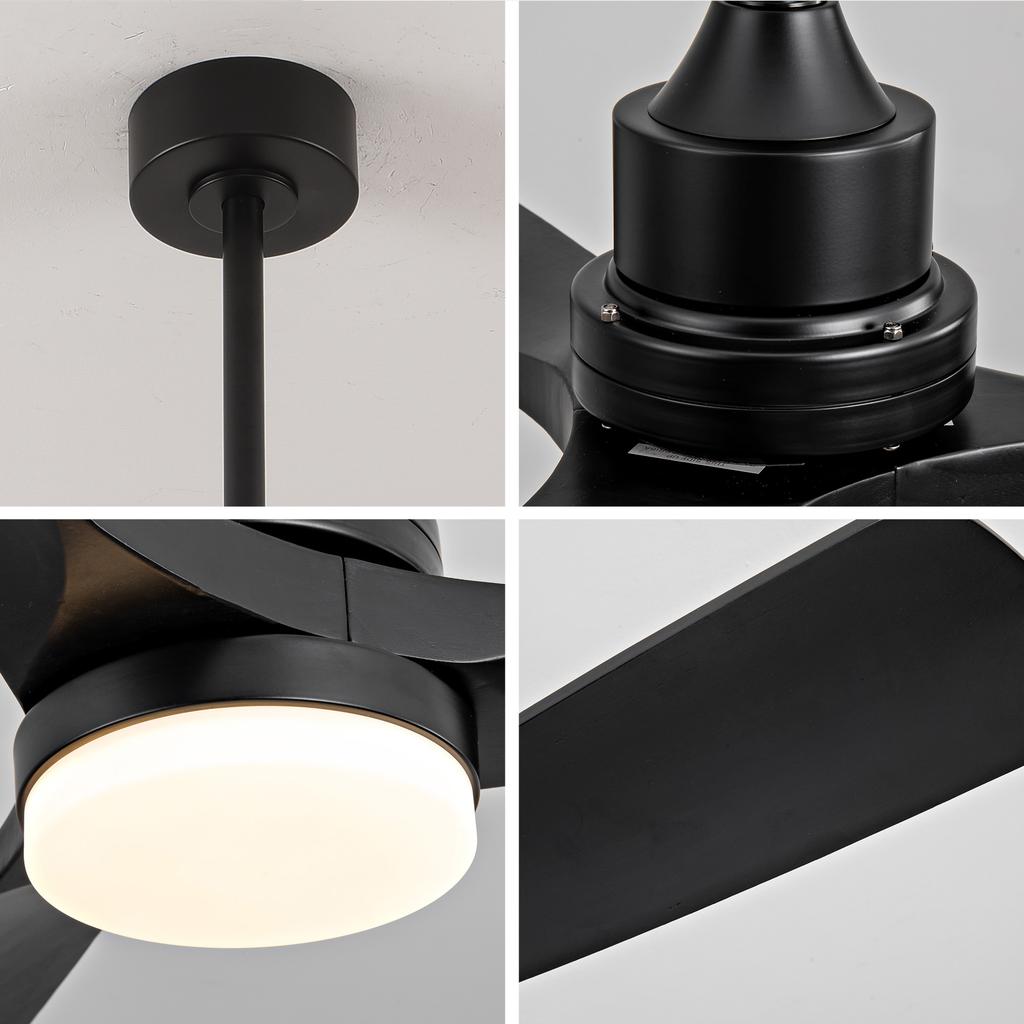 52-Inch Ceiling Fan, Three-Blade, Completely Black Spiral, Lighting, Remote Control, 3CCT, Dimmable, Six-Speed Settings, Forward and Reverse Rotation