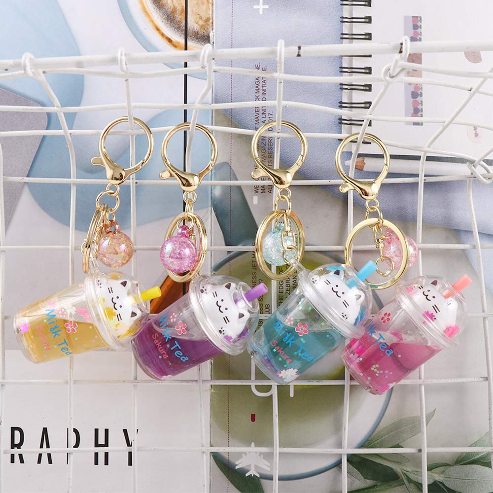 Cartoon Ornaments Bag Pendant Key Holder Car Key Chain Milk Tea Bottle Keychain Sakura cat Key Ring