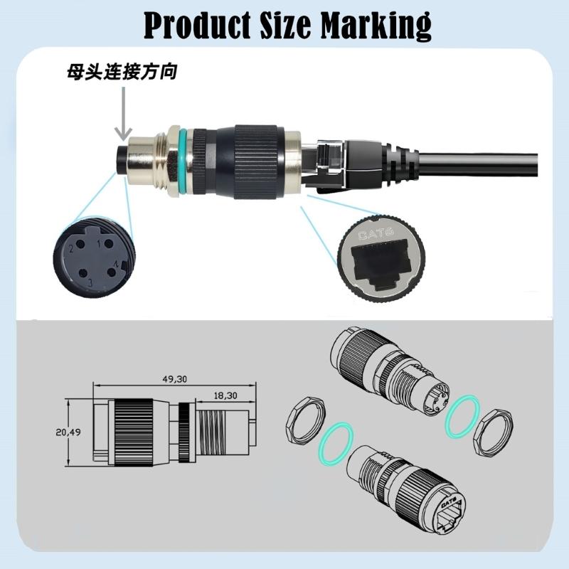 Industrial Ethernet Adapter 12mm 8Pin/4Pin to RJ45 Connectors Adapter Cat6 High Speed 10Gbps IP68 Waterproof Design