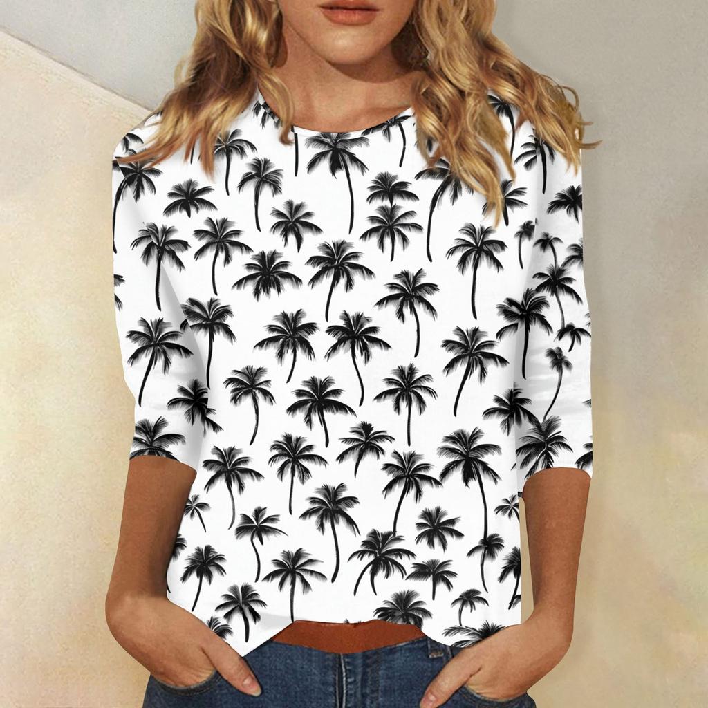 Women's Fashion Casual Round Neck 3/4 Sleeve Printed T-Shirt Ladies Top