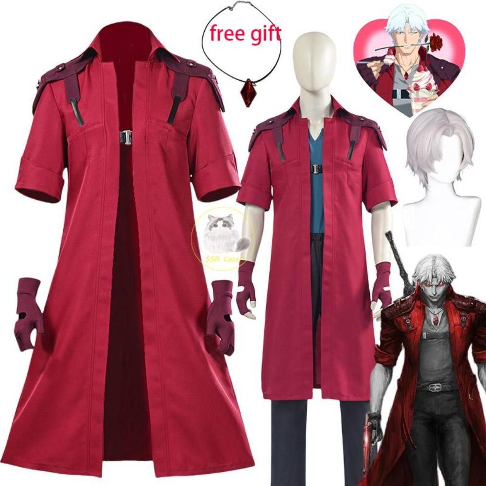 DMC 5 Данте Косплей Парик Униформа Костюмы Маскарад для Взрослых Мужчин Длинный Плащ Перчатки Наряды для Ролевых Игр Хэллоуин Карнавальный Костюм