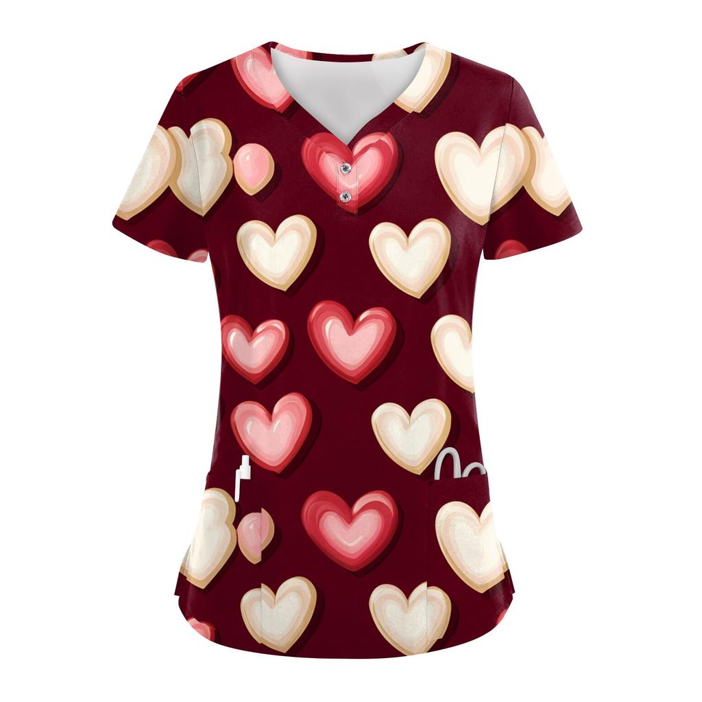 Женские модные повседневные топы с V-образным вырезом на пуговицах и принтом ко Дню святого Валентина, топы для кормящих мам, топы-халаты для женщин, 2 кармана