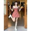 Платье в стиле колледж, ретро, красное в клетку, с кружевной отделкой, женское, летнее, с завышенной талией и тонкой короткой юбкой