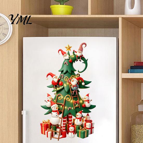 Outdoor Glass Door Holiday Decorations Christmas Tree Window Stickers with Gnome And Snowman, Removable Stickers, PVC Decorative for Windows