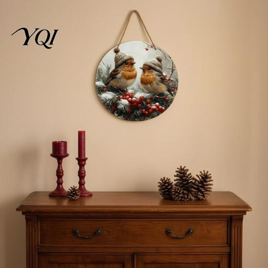 Rustic Winter Animal Wall Decor Wooden Bird Hanging Sign, Decorative Plaque with Holiday Door Rope, 2D Flat Art for Christmas Home Festive Window