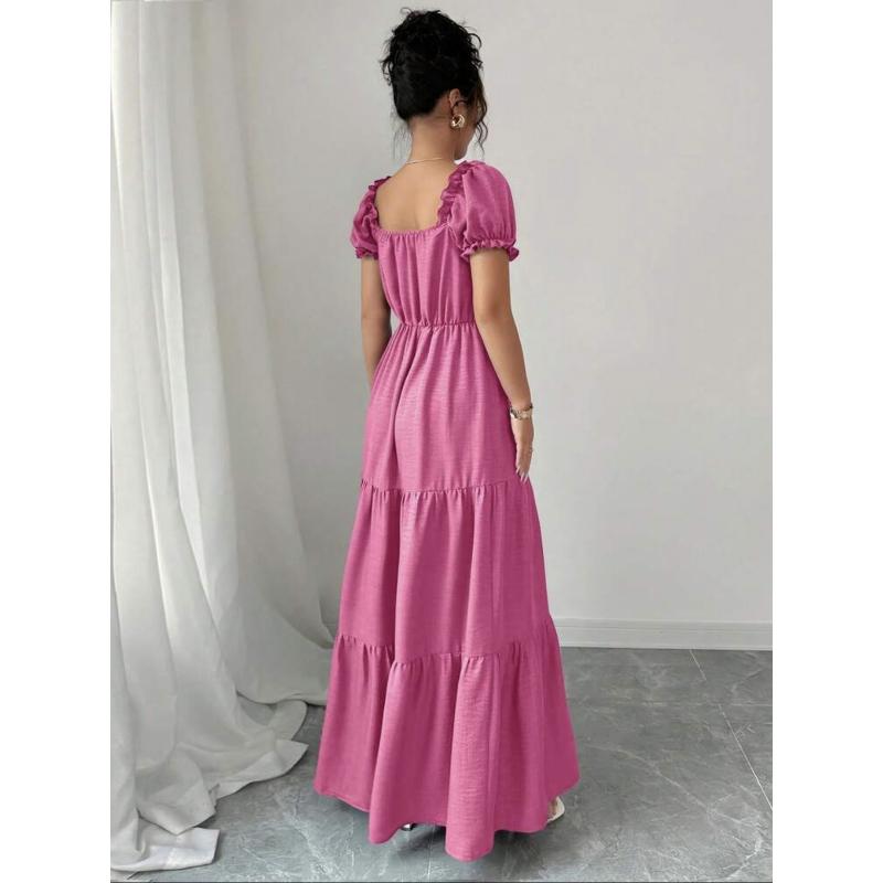 Summer Vacation Solid Color Maxi Dress Square Neck Puff Short Sleeve Tiered Ruffle High Waist Casual Long Beach Holiday Dress