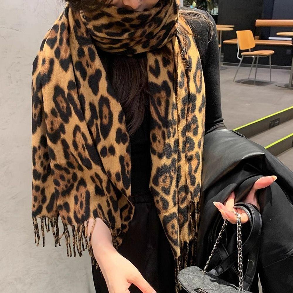 Сладкий Прохладный Шарф с Леопардовым Узором Ретро Шерстяная Шаль Элегантные Шарфы с Кисточками Мужской