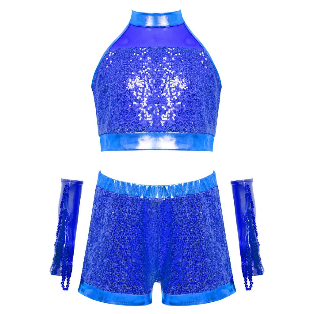 Girls Shiny Sequin Crop Top Keyhole Back Sleeveless Shorts Metallic Gloves Tassels Stage Costume
