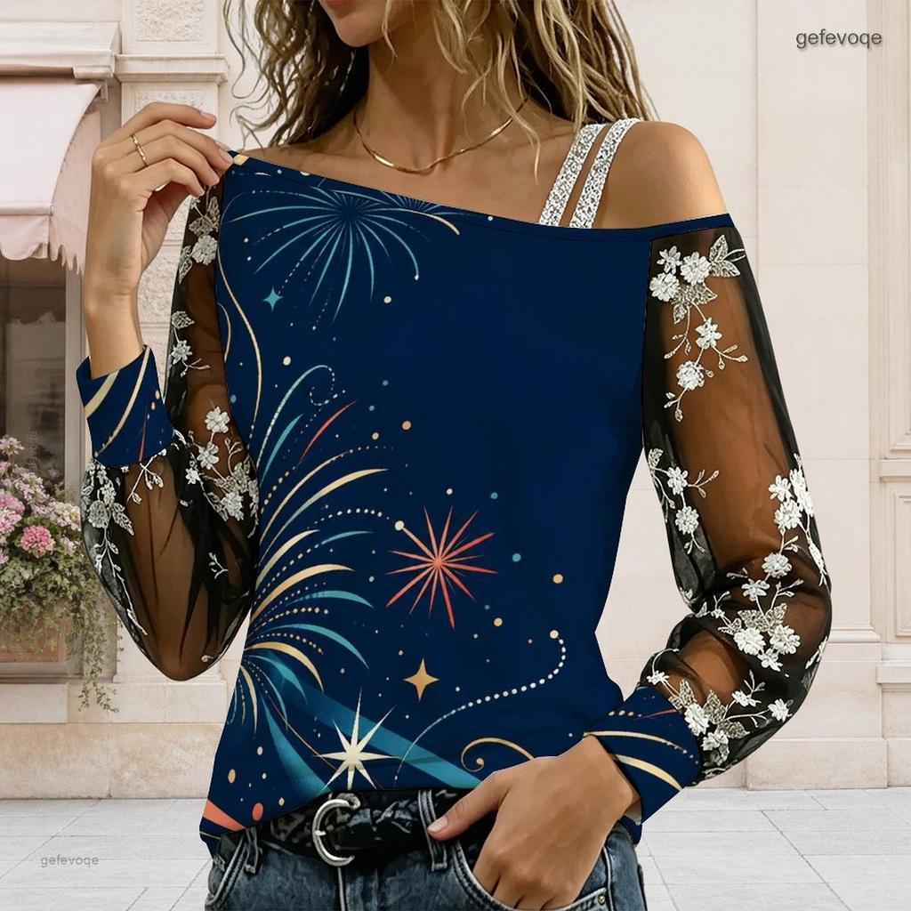 Women Plus Size Asymmetric Off Shoulder T Shirt Long Sleeve Firework Print Navy Blue Sheer Mesh Sleeve