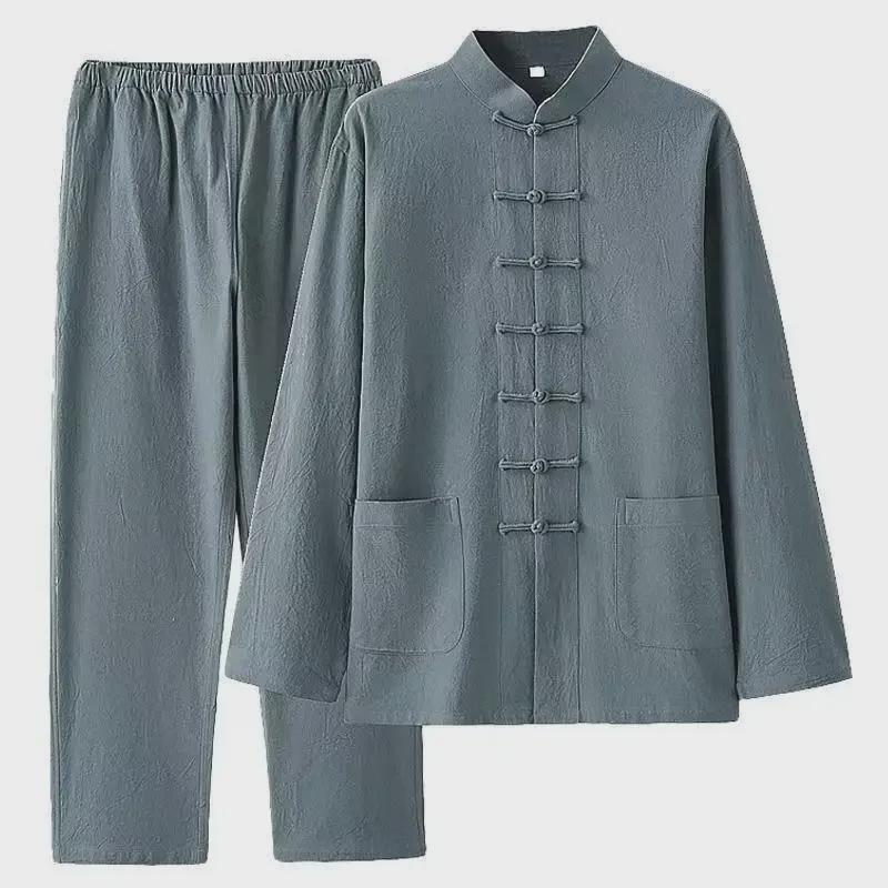 Мужской костюм Тан на весну и осень: Костюм из двух частей в китайском стиле из хлопка и льна с пуговицами
