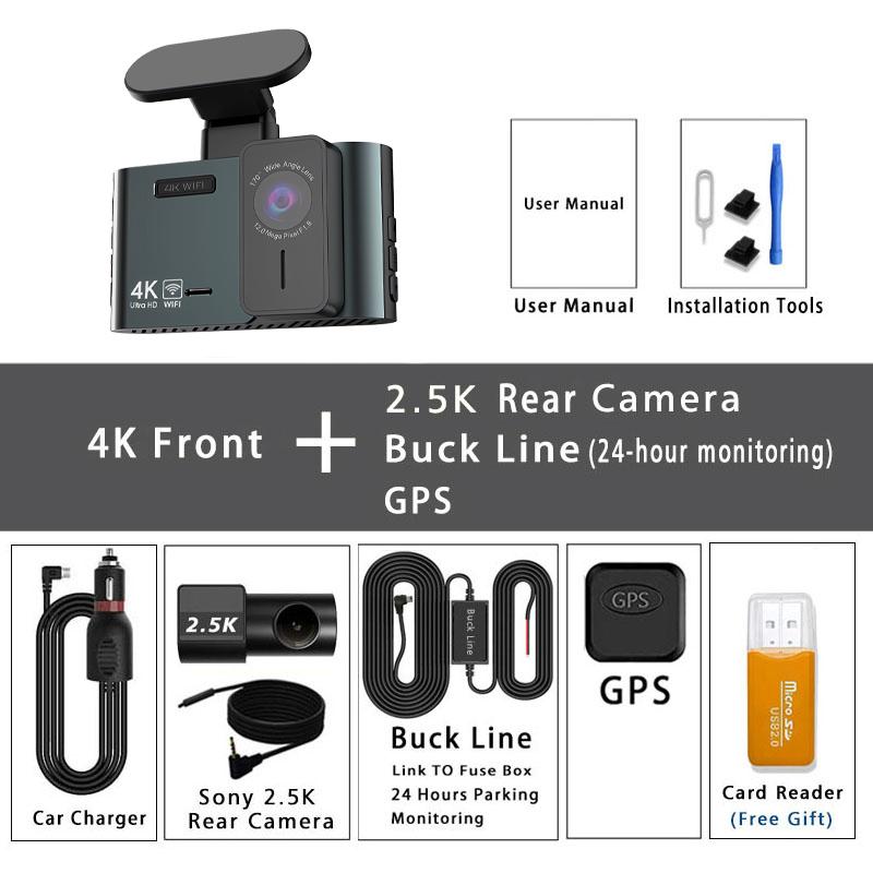 Передняя 4K и задняя 2.5K видеорегистратор Встроенный WIFI GPS Двойная линза Мини Автомобильный DVR 24H Монитор парковки Черный ящик Камера салона Ночное видение