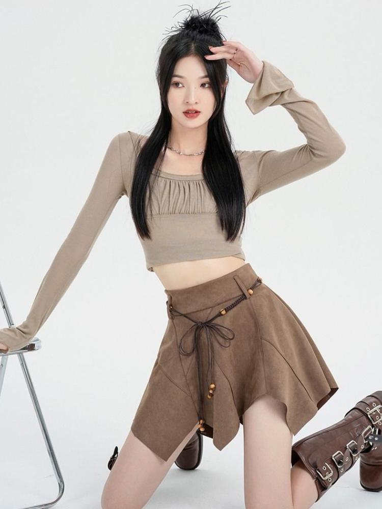 Винтажная плиссированная юбка цвета хаки, женская уличная мини-юбка с высокой талией в стиле Харадзюку, асимметричная повседневная мини-юбка в стиле 90-х годов Y2k