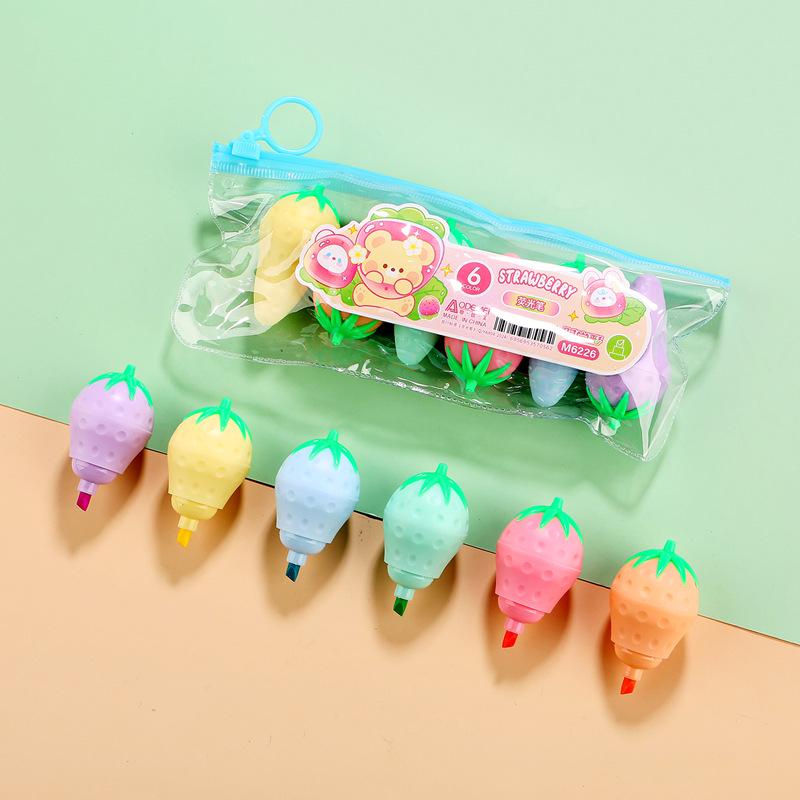 Set of 6 Mini Fluorescent Pens - Cute Cartoon Design, Perfect for Elementary Students. Small, Portable, and Colorful Highlight Markers.