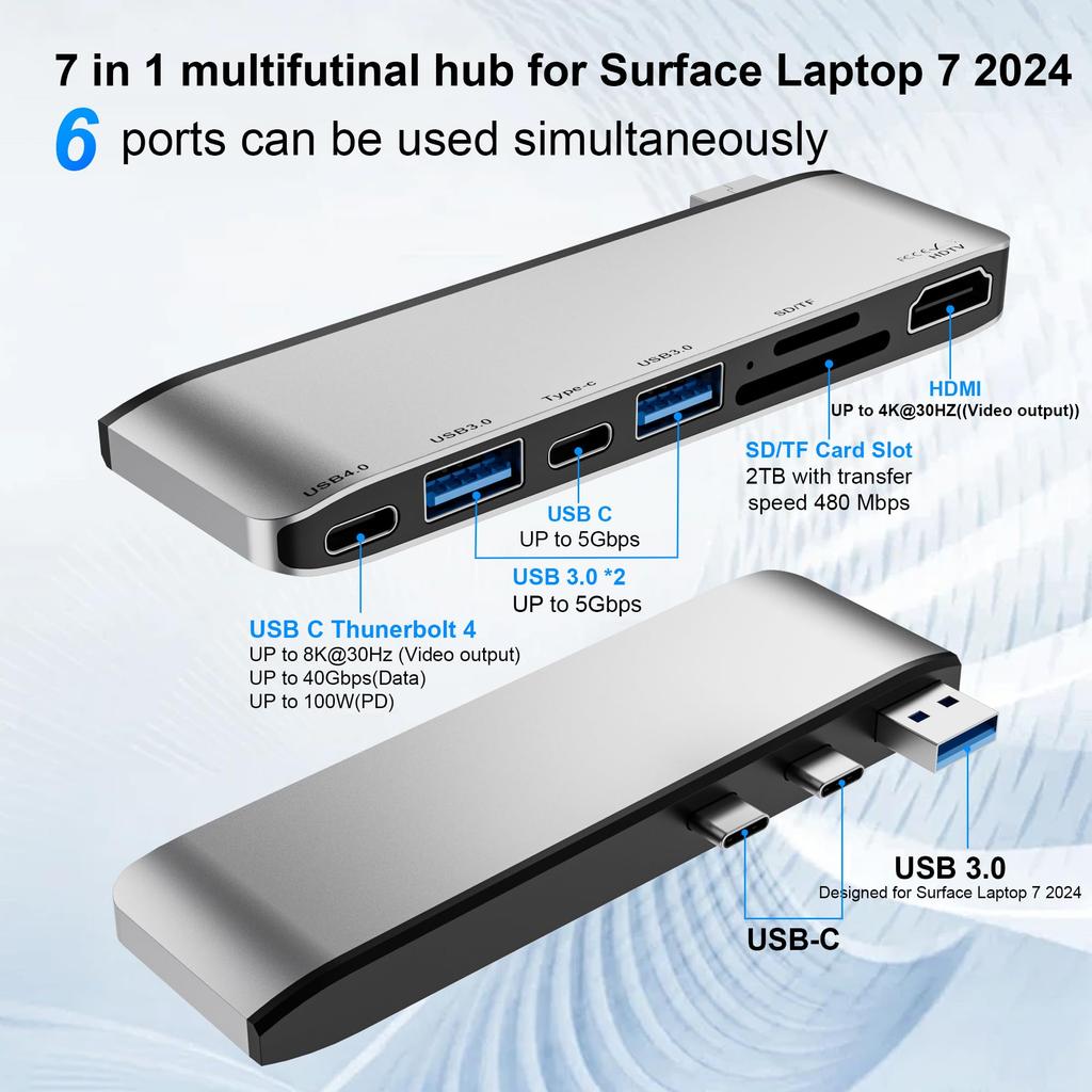 Microsoft Surface Laptop 7 USB-концентратор 4K HDMI Microsoft Surface Laptop 7 2024 Конвертер-концентратор Thunerbolt 4 K Видео 40 Гбит/с Данные 100 Вт Surface Laptop 7 ПК