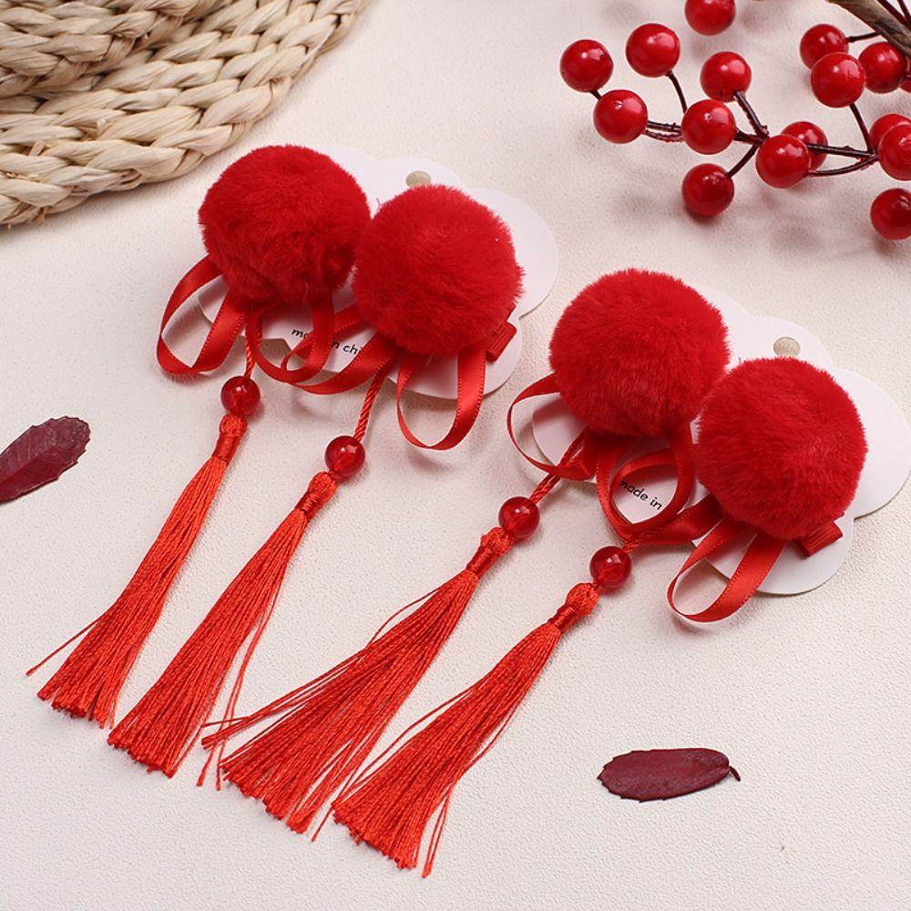2pcs Curly Children's Bow Wig Tassel Red Bowknot Hairclip Baby Wig Hairpin  New Year Festive
