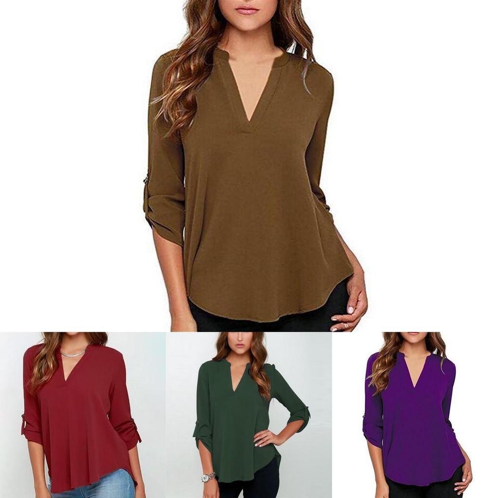 Стильная женская повседневная футболка с длинным рукавом и V-образным вырезом, пуловер, туника, блузка, варианты