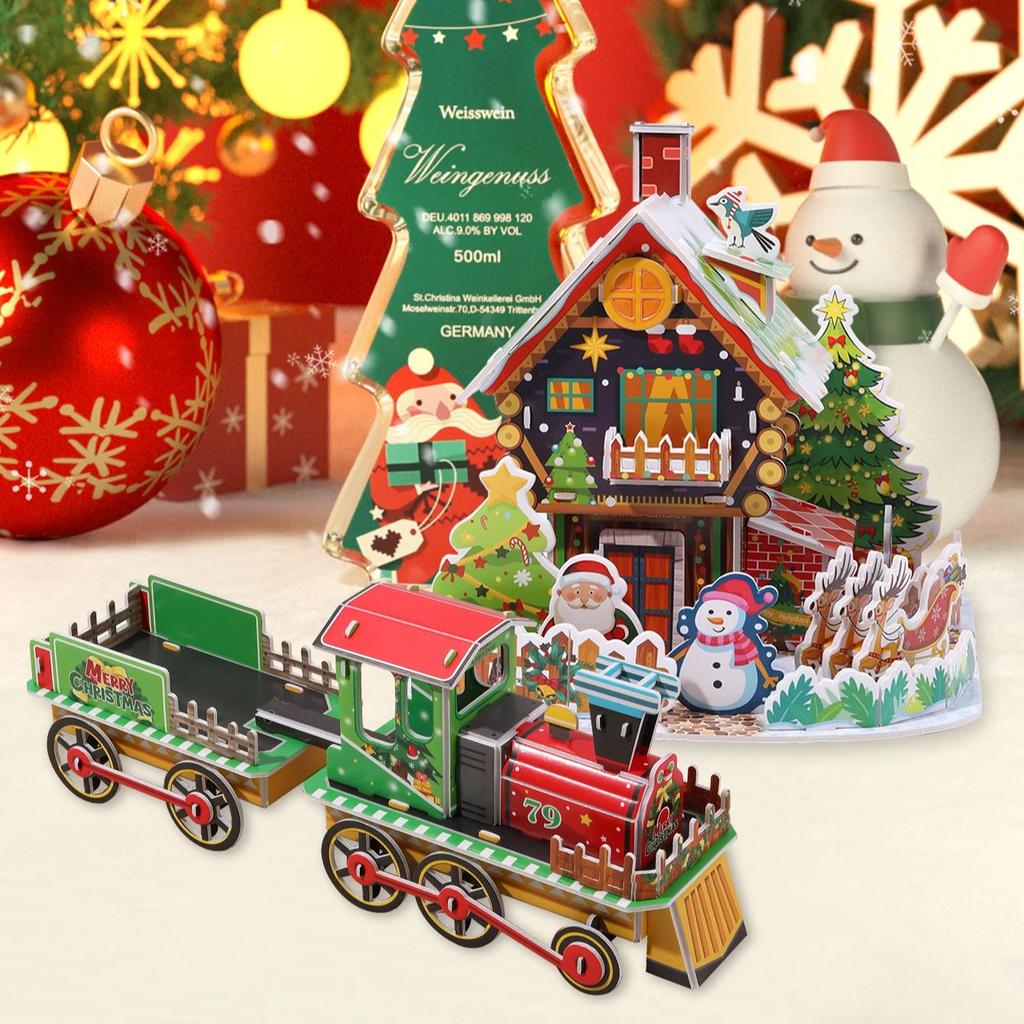 2pcs/set 3D Christmas Puzzle Christmas Decorations Train and Snow House Puzzle Decoration Navidad Manualidades Xmas Clearance