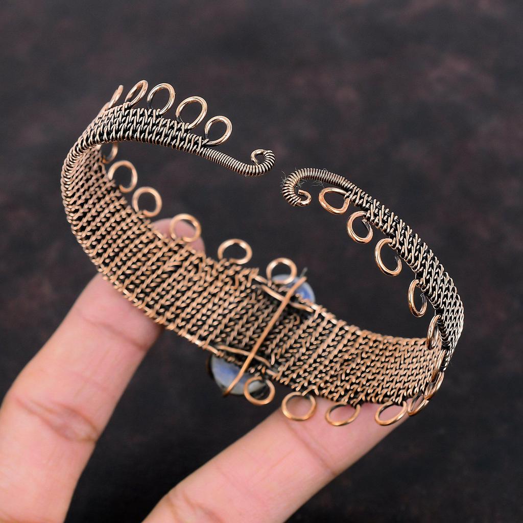 Радужный браслет из лунного камня, драгоценный камень, браслет-манжета из медной проволоки, ювелирные изделия ручной работы, регулируемый браслет, ювелирные изделия из медной проволоки, подарок на годовщину