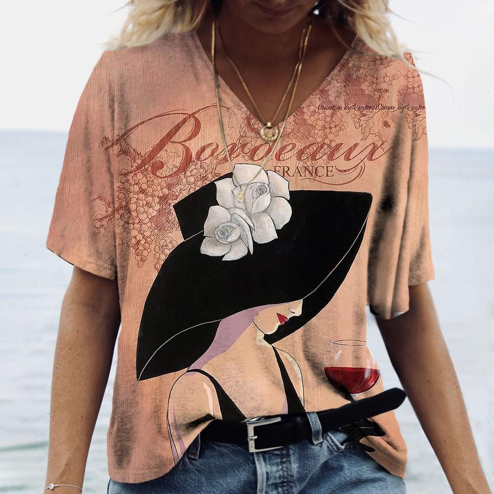 S-5XL Большие размеры Топы с принтом Женская футболка Сексуальный V-образный вырез Короткий рукав Летние женские топы Одежда Уличная мода Женские пуловеры