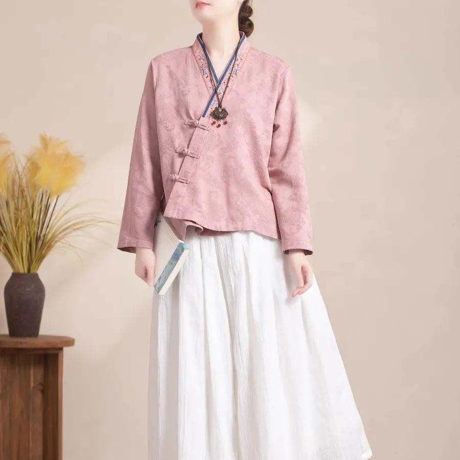Кардиган женский повседневный свободного кроя из хлопка и льна с длинными рукавами, застежкой на пуговицы-диски с вышивкой, топ на весну и осень