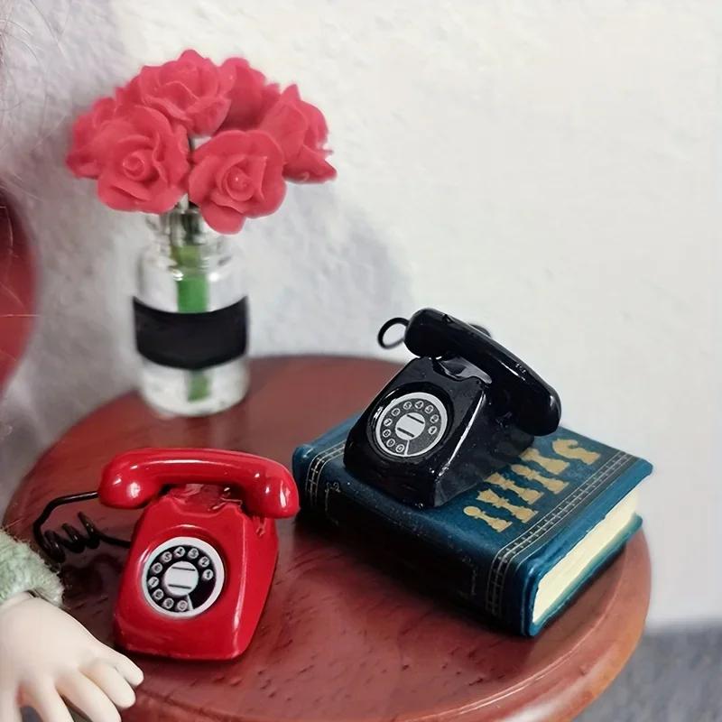Mini Phone Model, Alloy Retro Rotating Phone, Doll House Furniture, Dollhouse Accessories, Mini Landline Phone