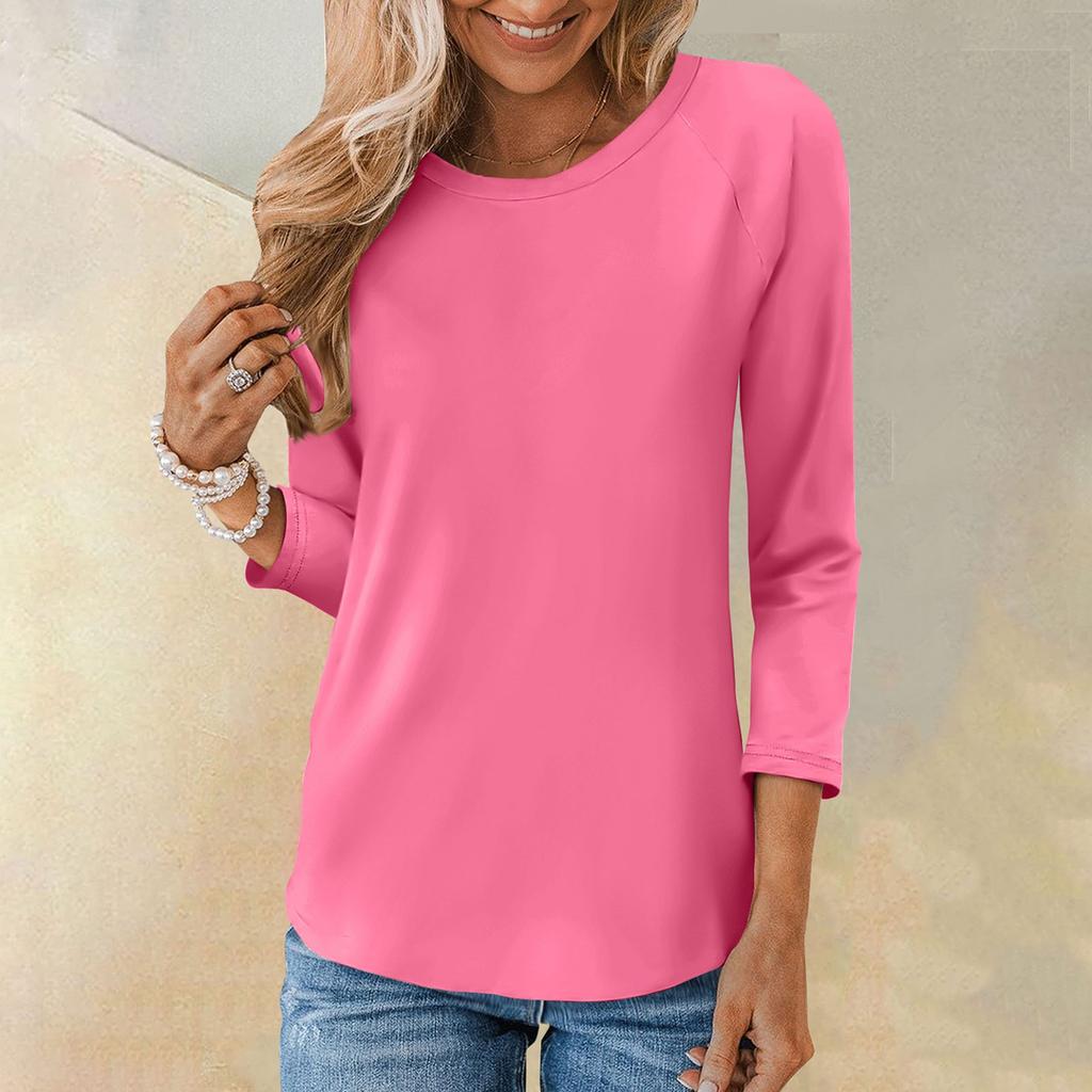 Рубашка для женщин, модная повседневная свободная однотонная футболка с рукавами реглан и круглым вырезом, рукав 3/4, женский топ