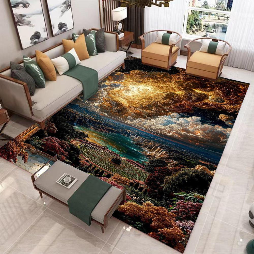 Ковер-мат Фэнтезийный пейзаж Золотые облака Величественный водопад Ковер для гостиной с дизайном Небесной архитектуры Украшение для дома