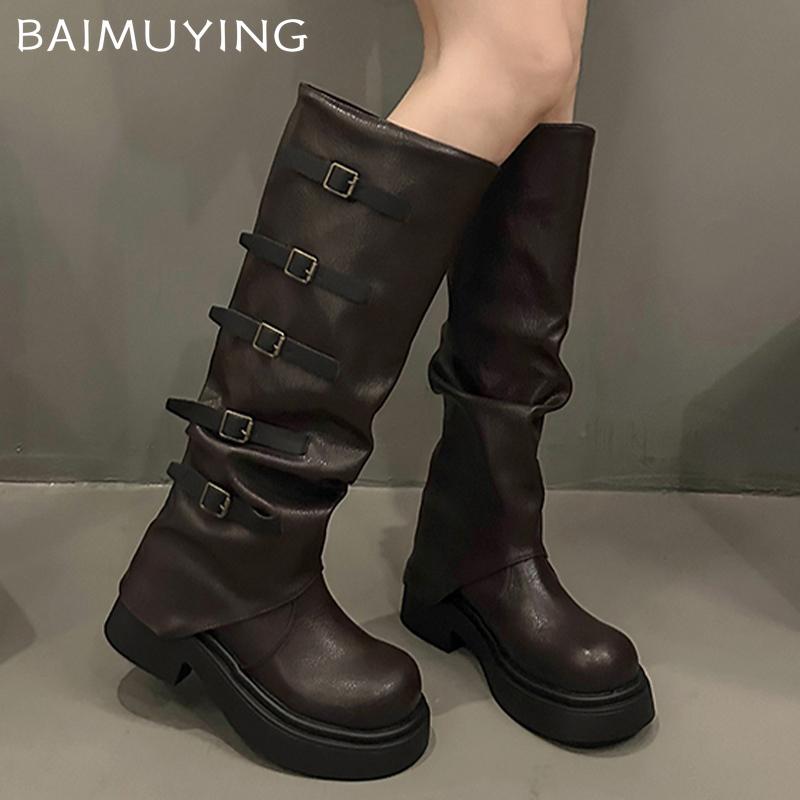 Platform Women High Boots Designer Leather Mid Heels Shoes 2025 Trend Knee High Chunky Classic Winter Motorcycle Botas De Mujer