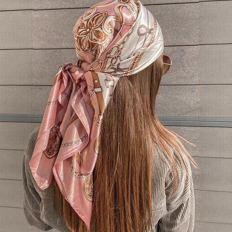 Satin Square Scarf Women Muslim Hijab Elegant Print Silk Neckerchief Shawl Wraps Headband Handle Hair Accessories Bandana