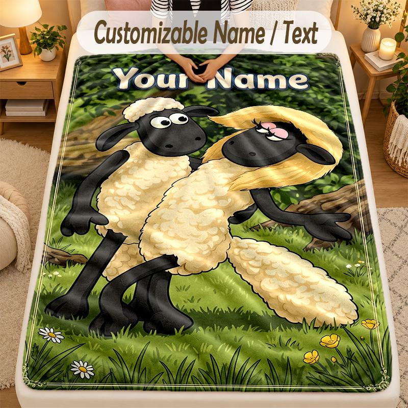 Flannel BlanketShaun the Sheep Custom Name Text Personalized Soft Warm Throw Blanket Home Decor Gift
