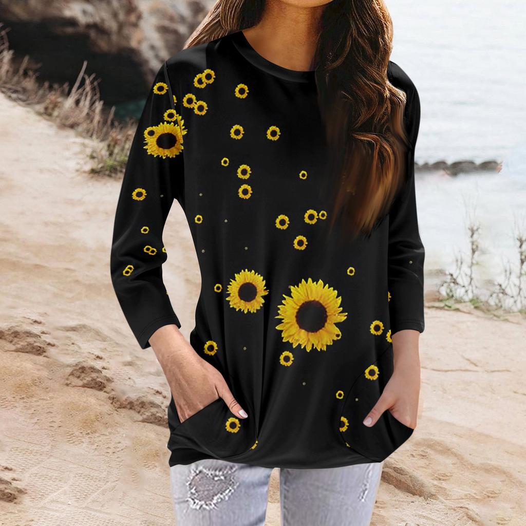 Women's Fashion Casual Round Neck Print 3/4 Sleeve Pocket T-Shirt Top
