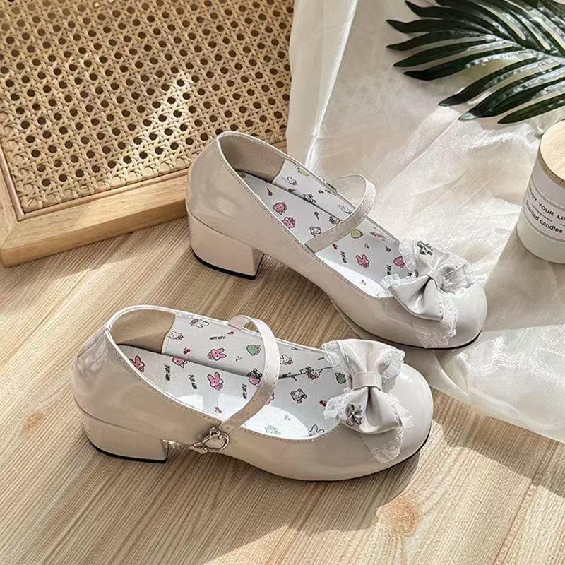 Girs Lovely Lolita JK Туфли 2025 Новые Женские Туфли на Высоком Каблуке Сладкое Кружево Бант Круглый Носок Толстый Каблук Мэри Джейн Одинарные Туфли