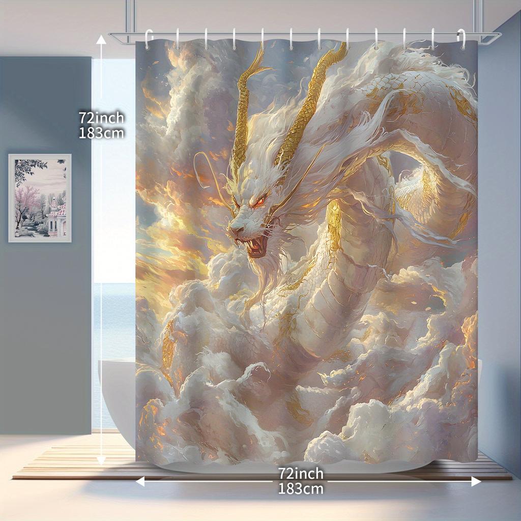 1PC Oriental Fantasy White Dragon Shower Curtain,Decorative Printed Design with Hooks,Durable Polyester,for Bathroom &Home Decor