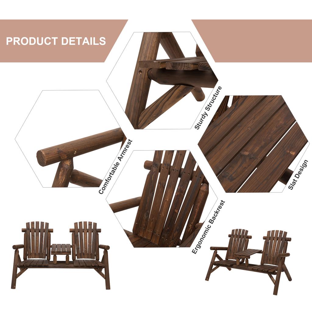 Wood Patio Chair Bench 2 Seats W Centre Coffee Table Garden Bench Carbonized