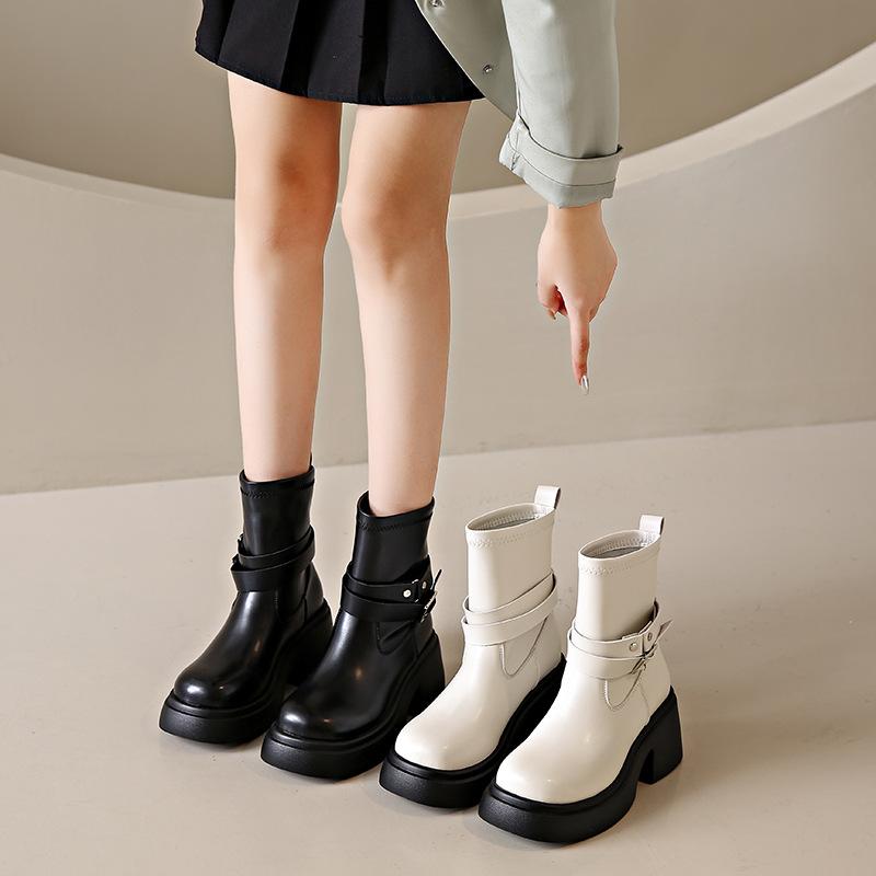 Женские модные сапоги на толстой подошве и толстом каблуке на четыре сезона, новые тонкие секции, тонкие сапоги, эластичные повседневные сапоги средней высоты 35-40
