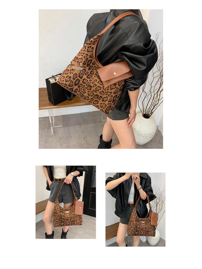 Leopard Print Velvet Shoulder Bag with Wide Strap - Large Capacity Fashion Tote