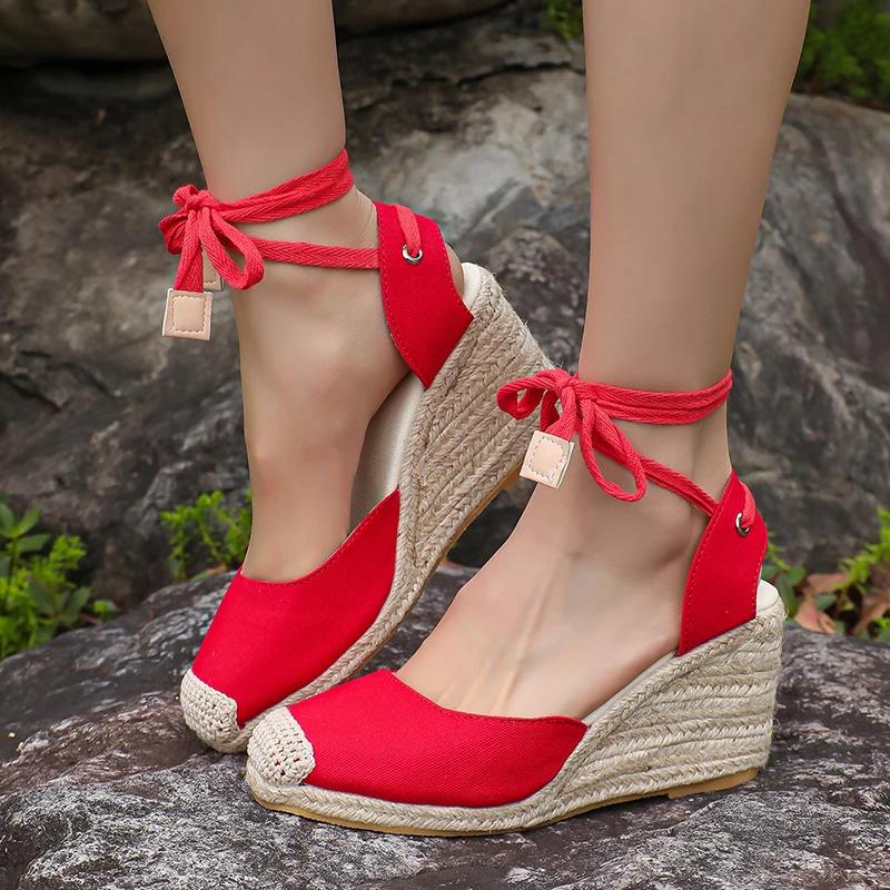 Ankle Lace Up Wedges Sandals Women Summer Closed Toe Espadrille Platform Sandles Woman High Heels Gladiator Sandalias Mujer 43