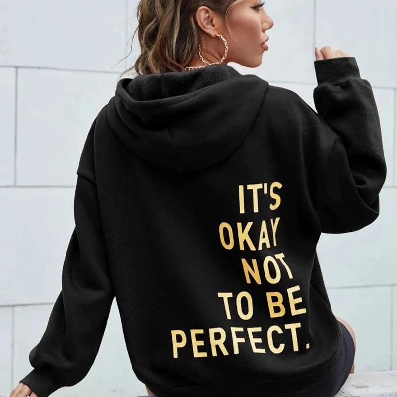 Ladies Spring Autumn Casual Sports Hooded Long Sleeve Big Pocket Letter Printed Pullover Hoodies Sweatshirt Top