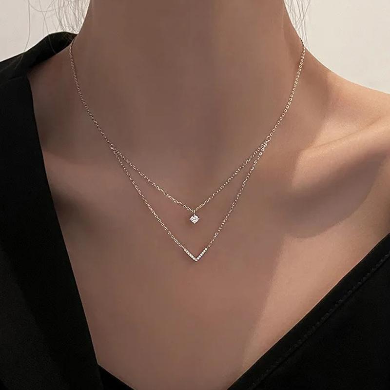 Anziw V Letter 5mm Moissanite Pendant Double Layer Necklace for Women 925 Silver Chain Clavicle New Jewelry Gifts