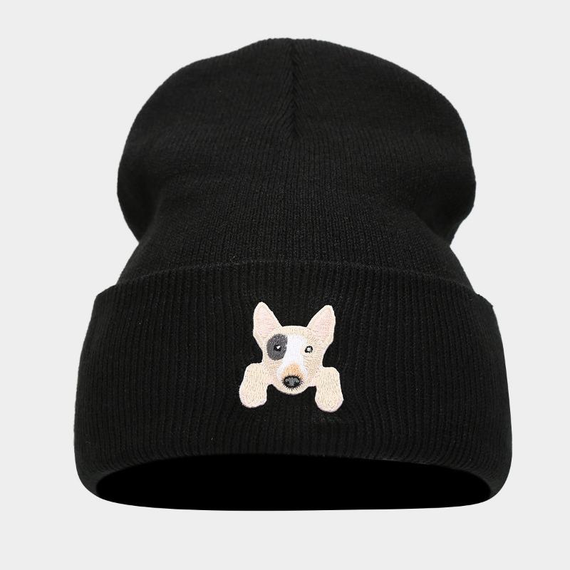 Cute Puppy Head Sticker Knitted Hat Autumn and Winter Street Fashion Crimped Pullover Black Hat